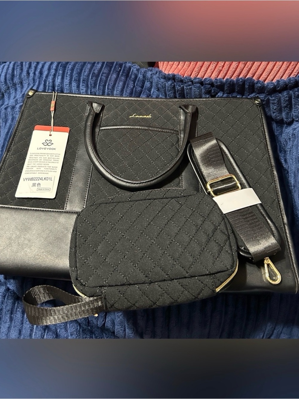 Lovevook Laptop Quilted Black Tote Bag with Detachable Strap and Pouch